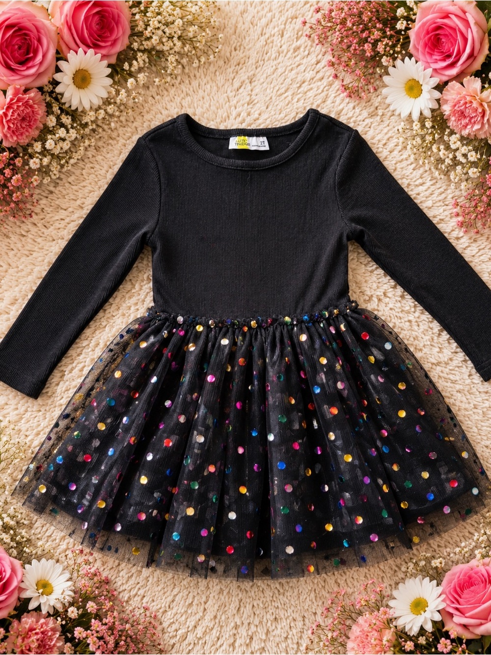 Epic Threads Black Long-Sleeve Tulle Dress with Multicolor Polka Dots